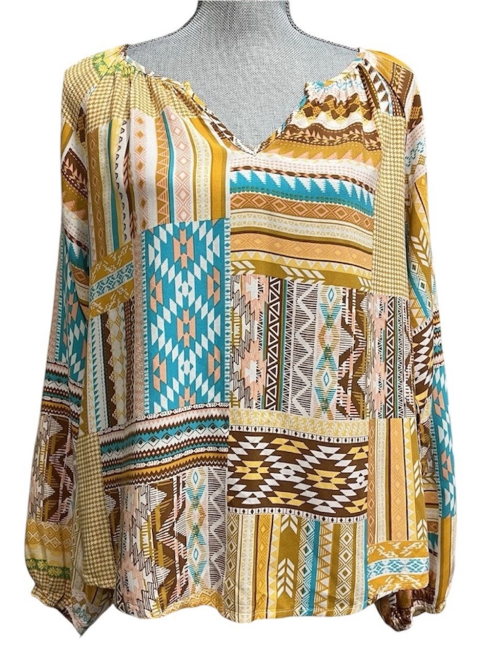 Savanna Jane Patchwork Geometric Peasant Blouse in Mustard & Teal